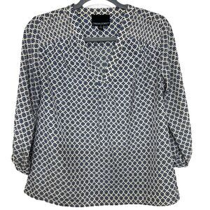 Cynthia Rowley Shirred Design Blouse Business Casual Half Sleeve Blue Symbols